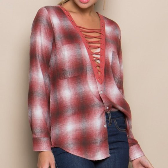 Long Sleeve Flannel Deep V Lace Up Front Top - Picture 3 of 5